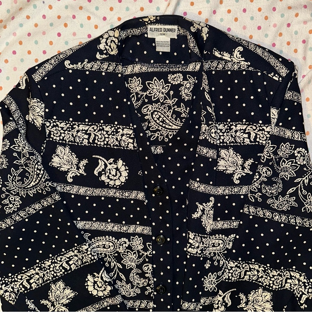Alfred Dunner 16W Black Paisley Floral Dot Blouse - Shoulder Pads - Picture 2 of 5